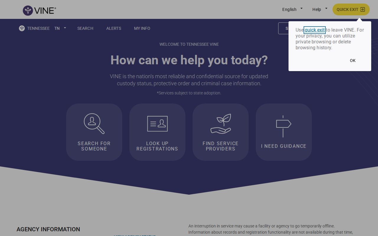 Shelby County VINE inmate check and Tennessee release notification screen