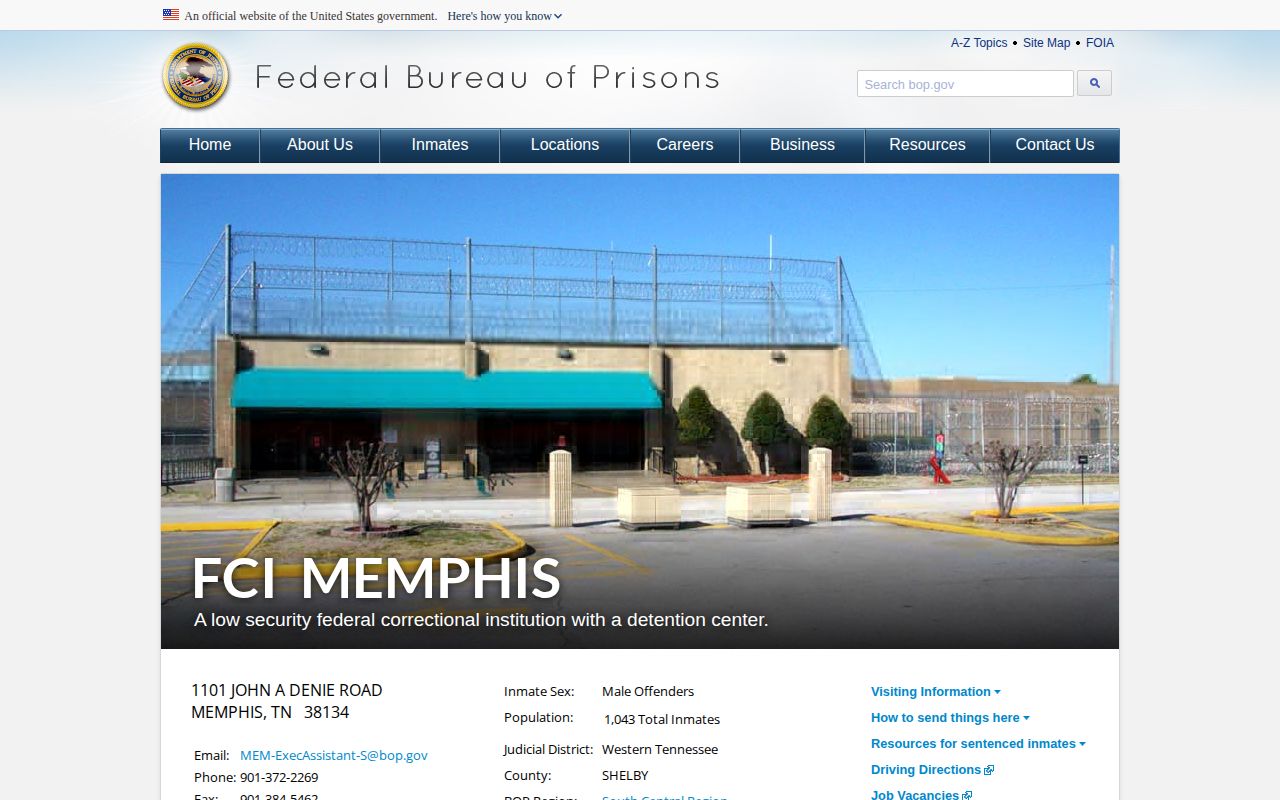 FCI Memphis federal release and institution information